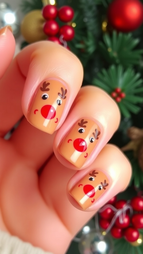 Nails painted with Rudolph the reindeer design for Christmas, featuring red nose and antlers.